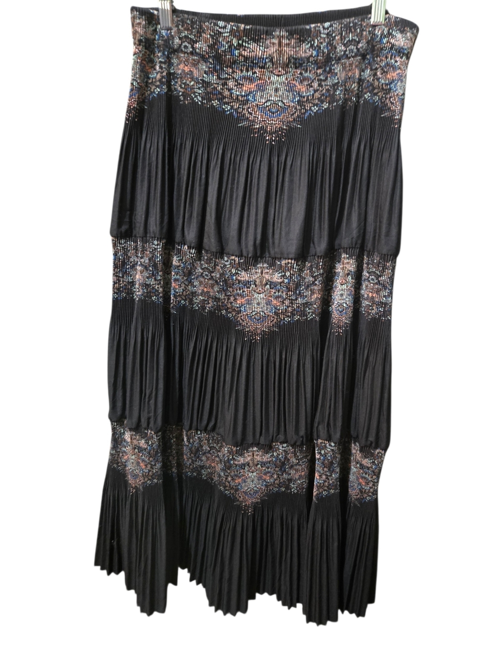 James L Black Pleated Boho Maxi Skirt Size L Elastic Waist Paisley Print